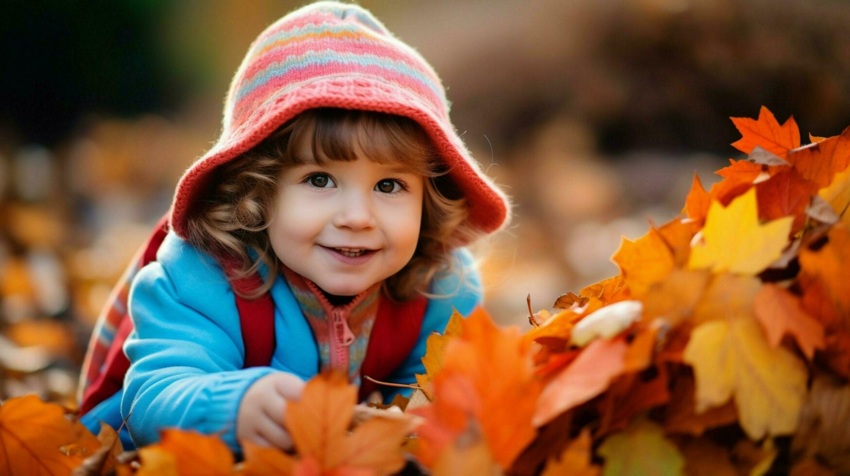 linda niño jugando al aire libre en otoño rodeado por color foto