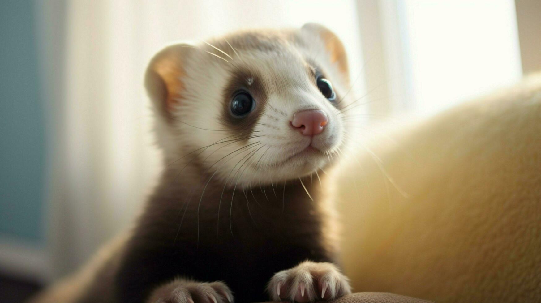 cute furry ferret sitting staring with curiosity looking photo