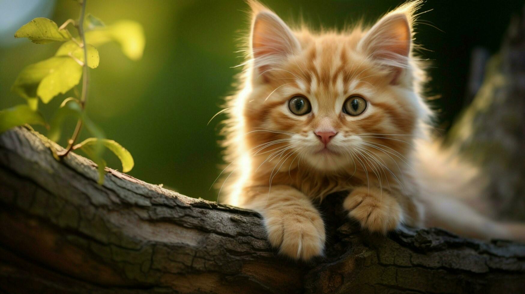 linda peludo gatito sentado en árbol rama mirando a cámara foto