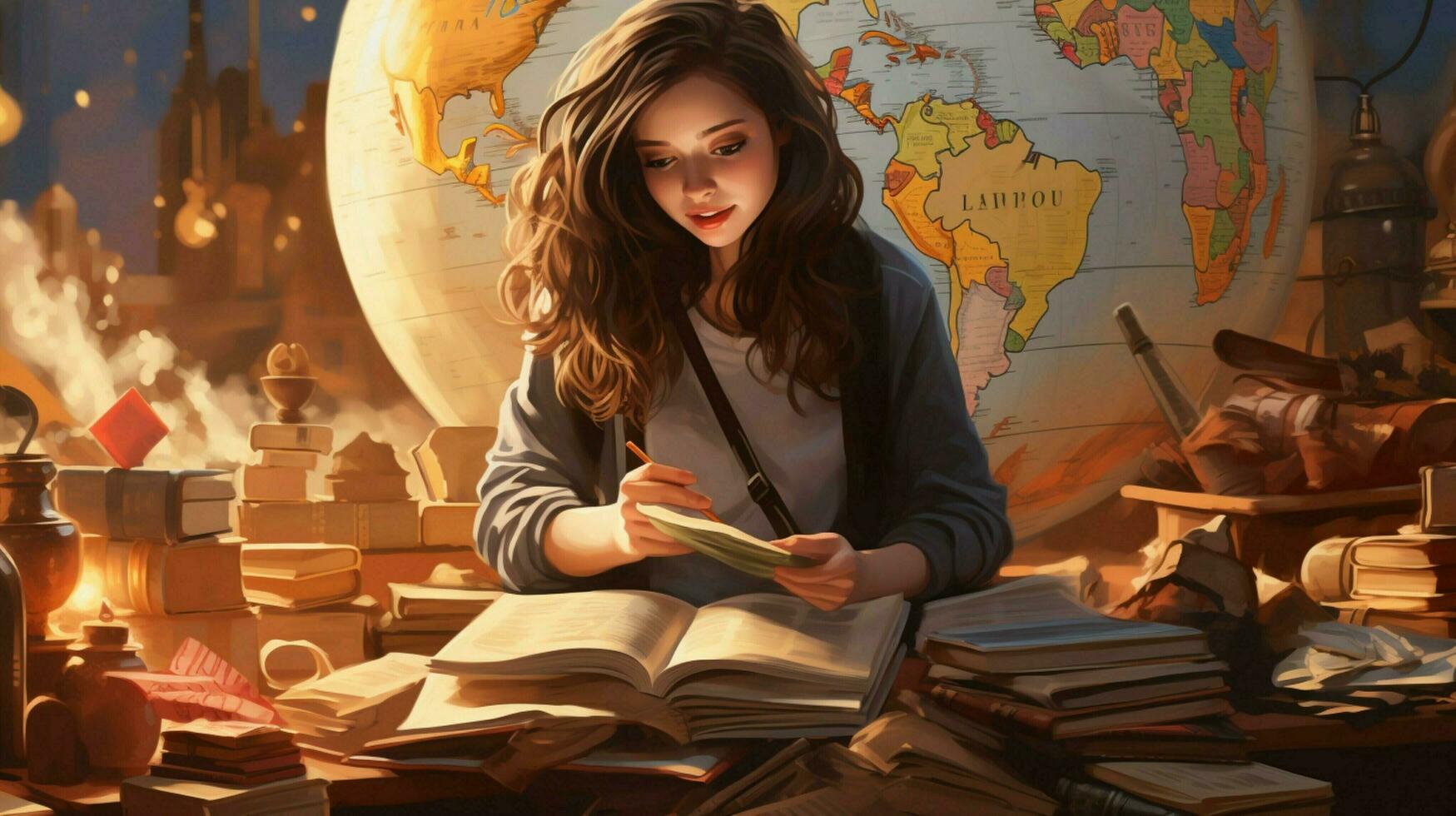cute girl studying geography surrounded by literature photo