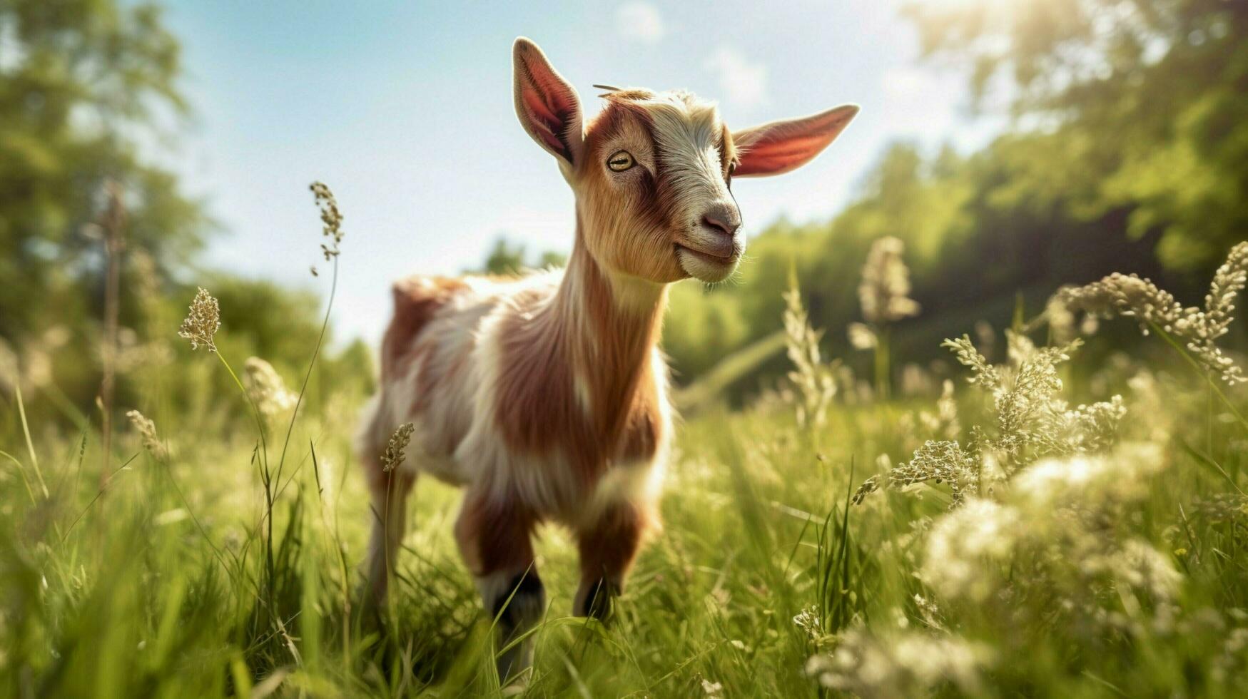 cute goat grazing on green grass in rural meadow photo