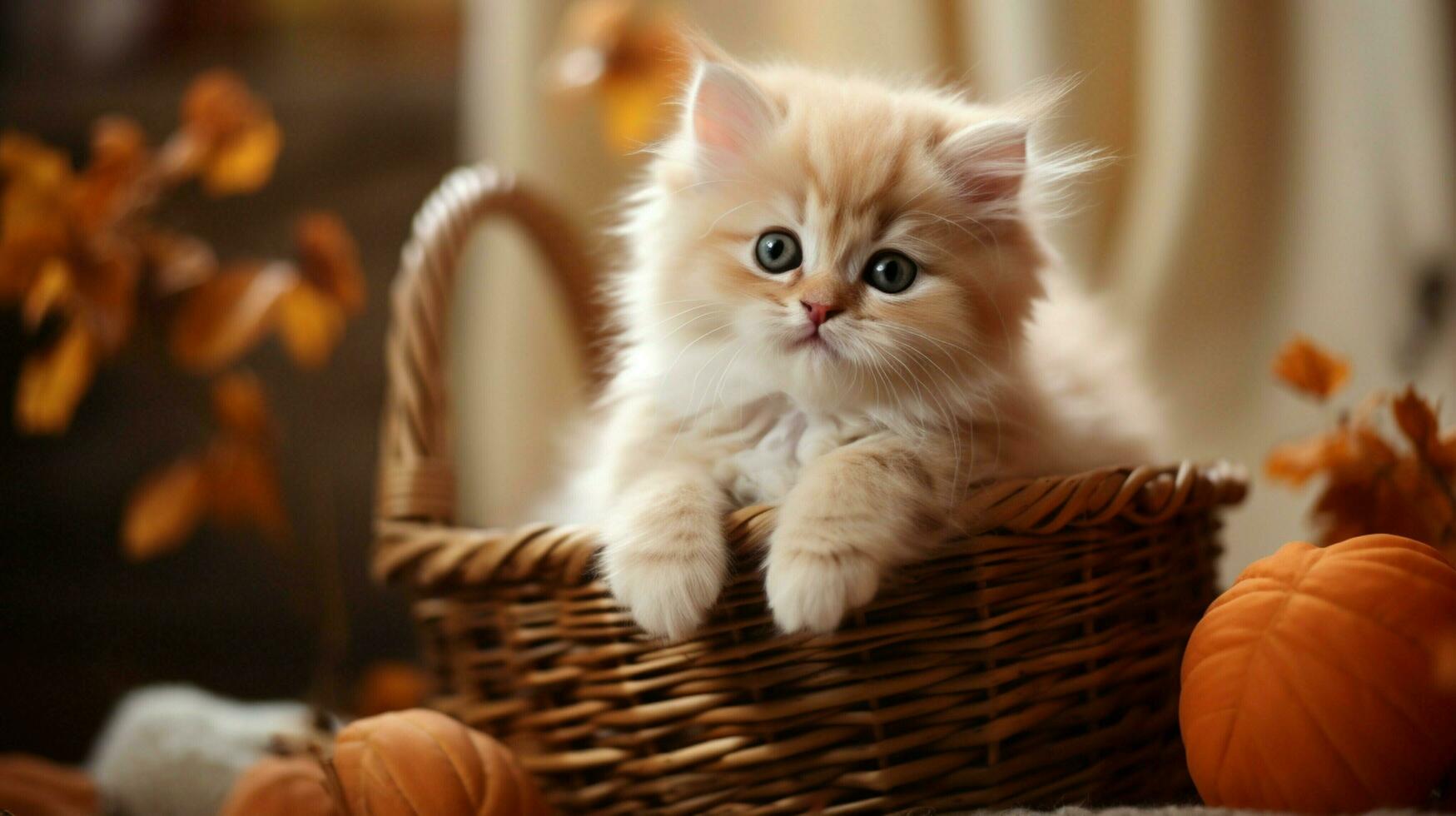 cute kitten sitting in a basket fluffy fur and whiskers photo