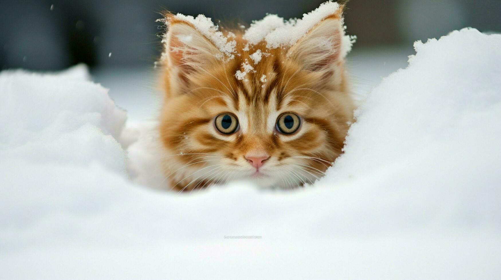 cute kitten sitting in snow staring at camera with curios photo