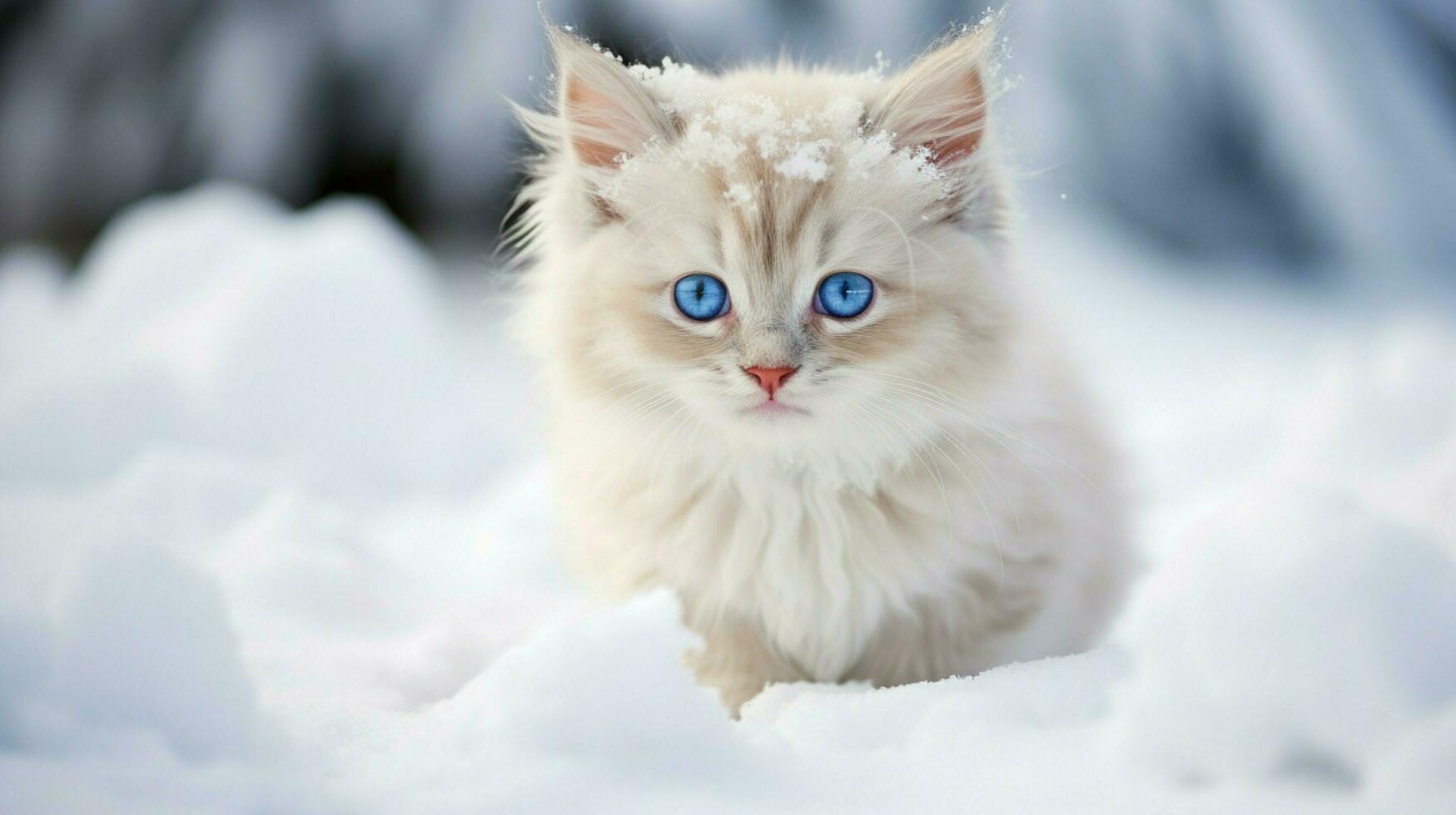 cute kitten sitting in snow looking at camera with blue photo
