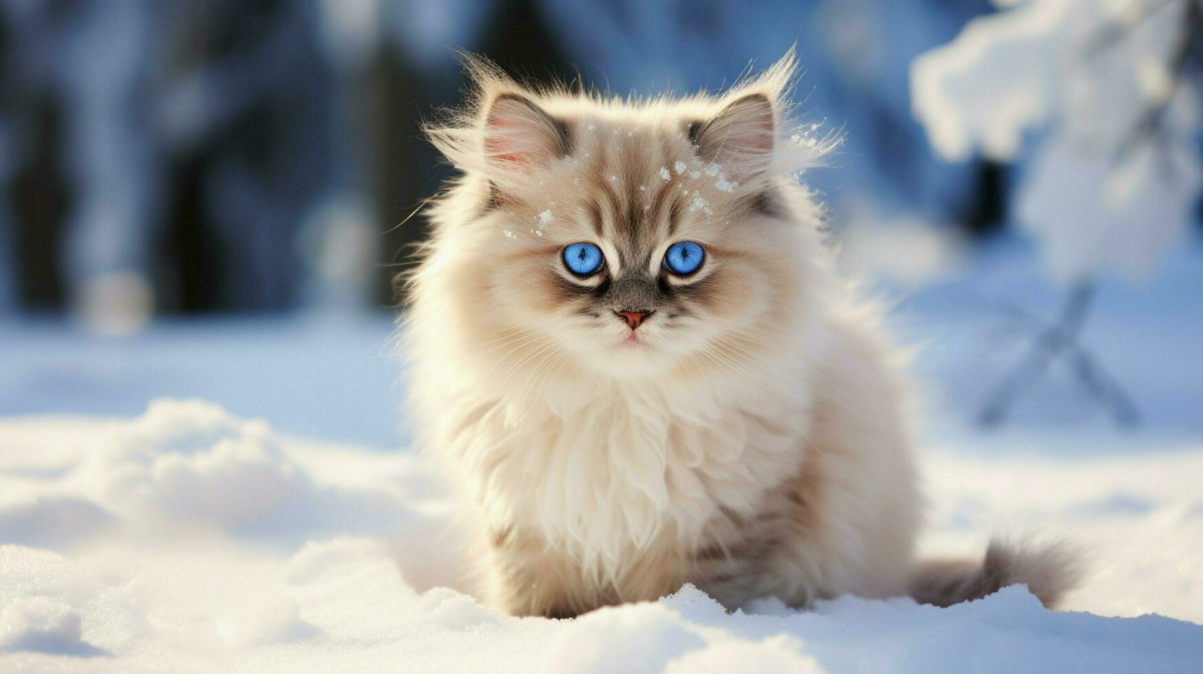 cute kitten sitting in snow looking at camera with blue photo
