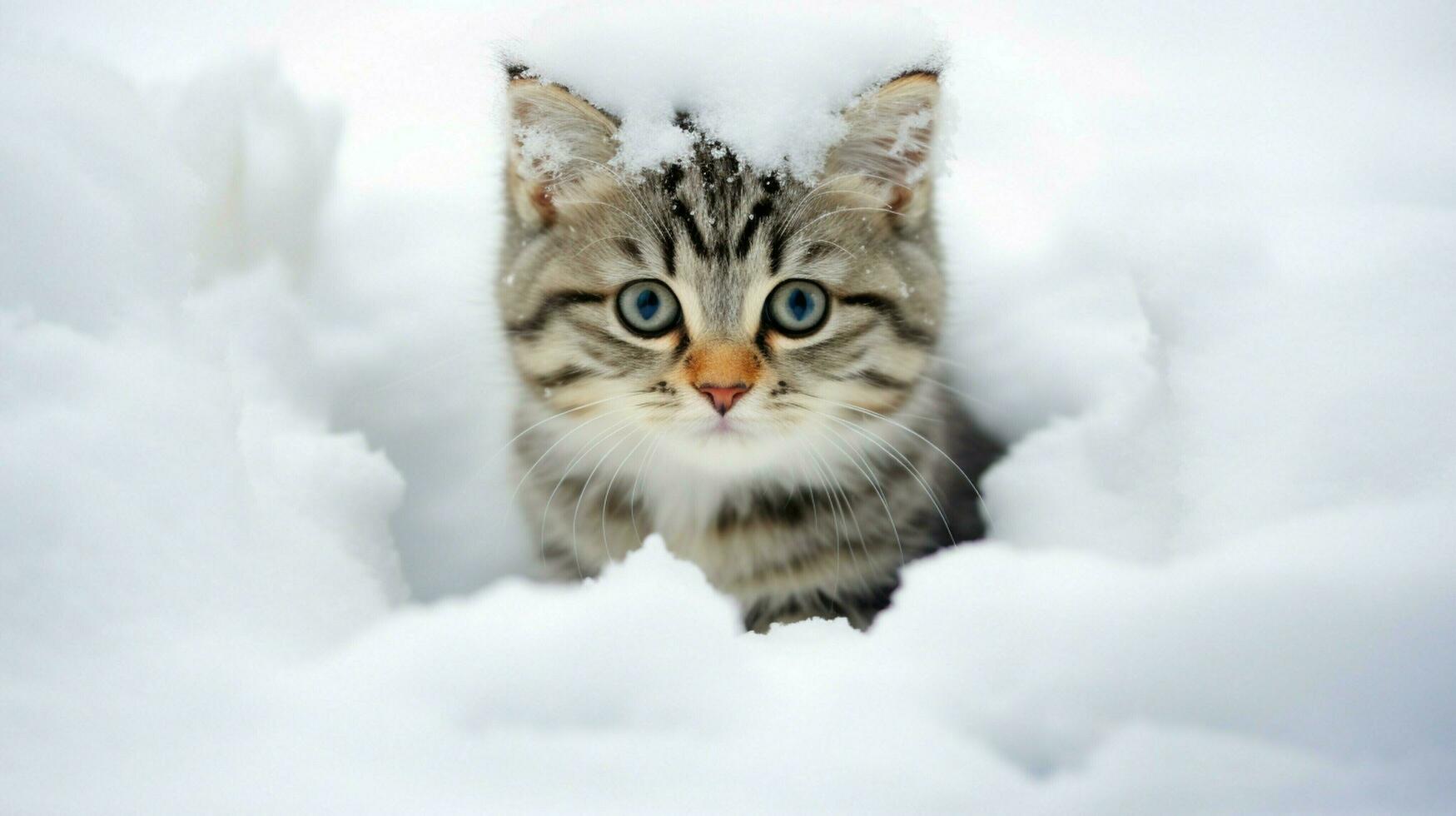 linda gatito sentado en nieve curioso a cámara con curiosidades foto