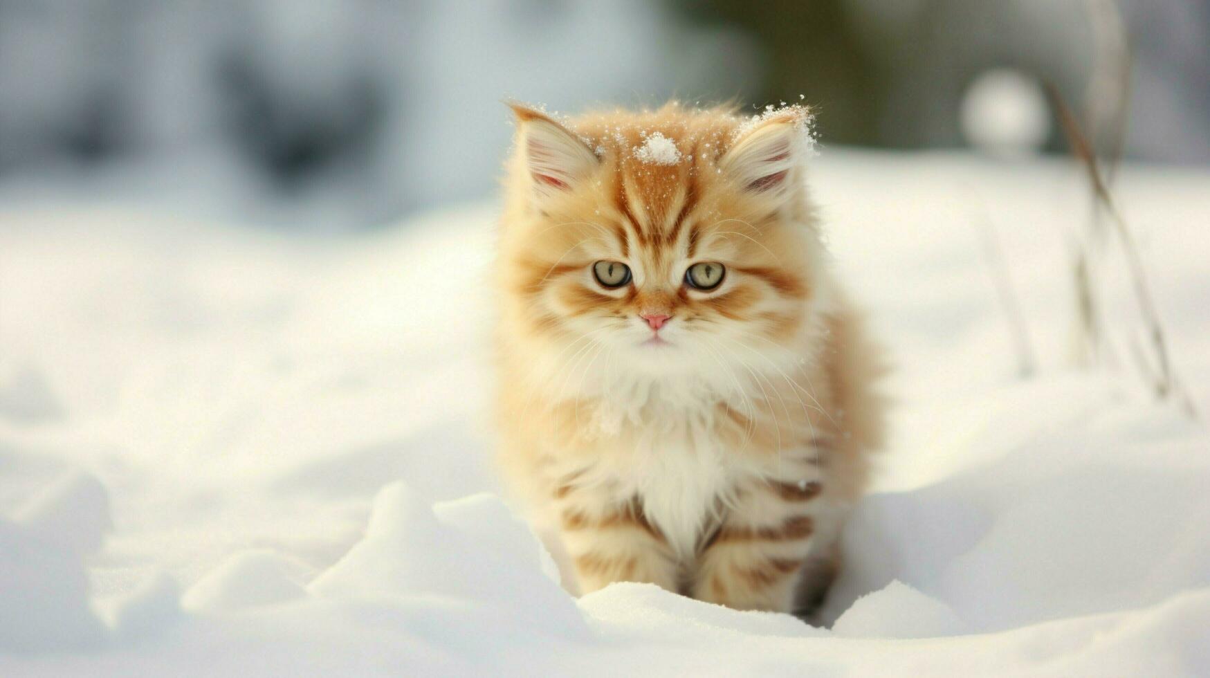 cute kitten sitting in snow staring at camera with curios photo