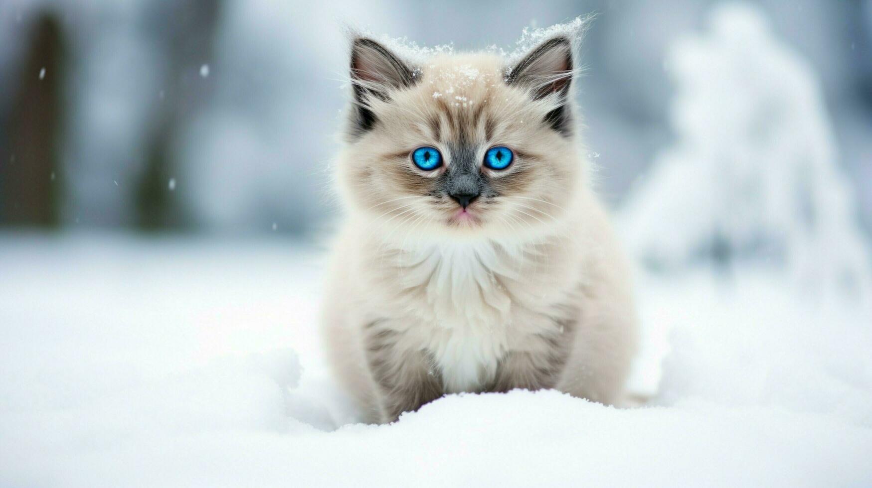cute kitten sitting in snow looking at camera with blue photo