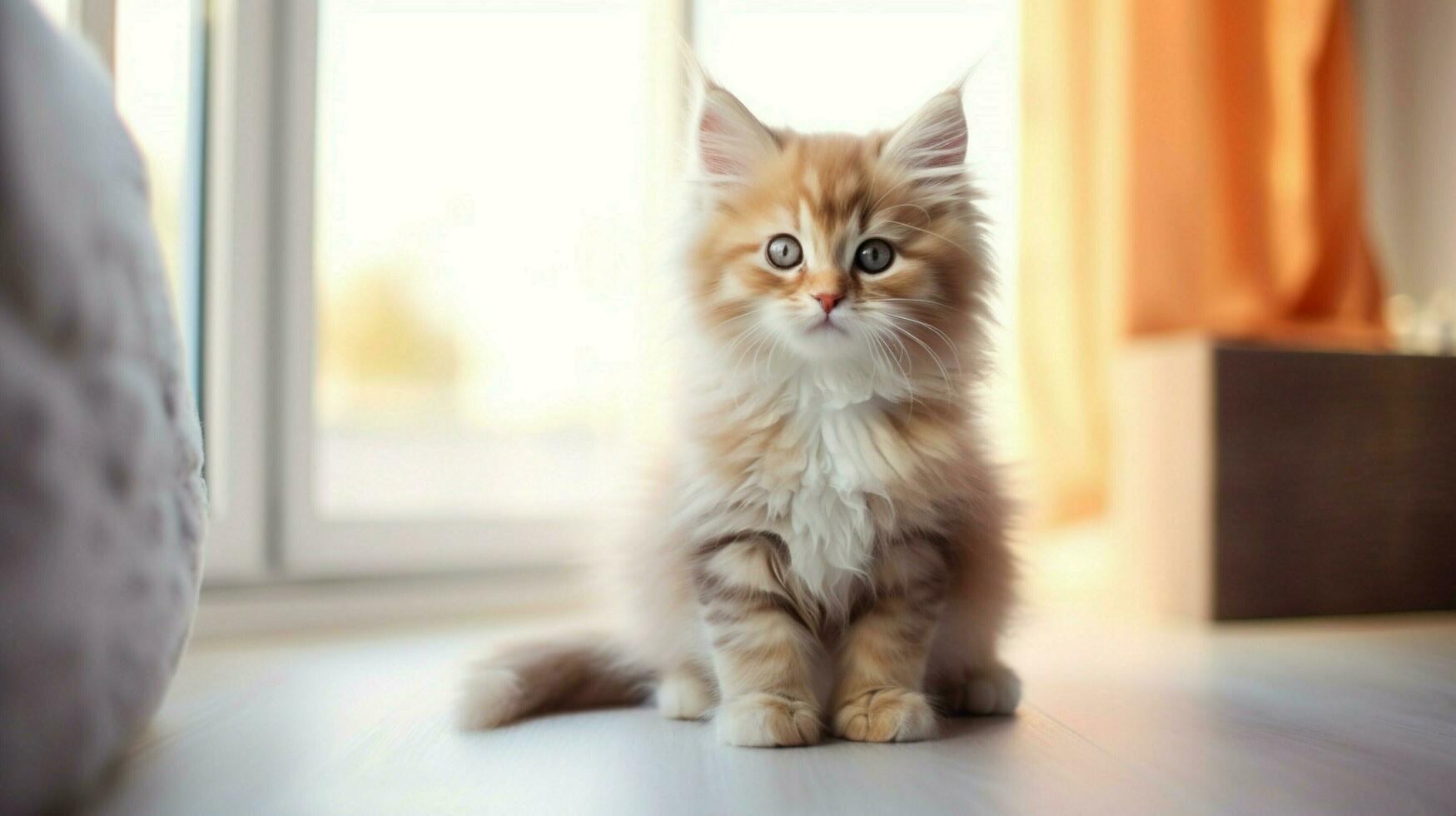 cute kitten with fluffy fur sitting indoors staring photo