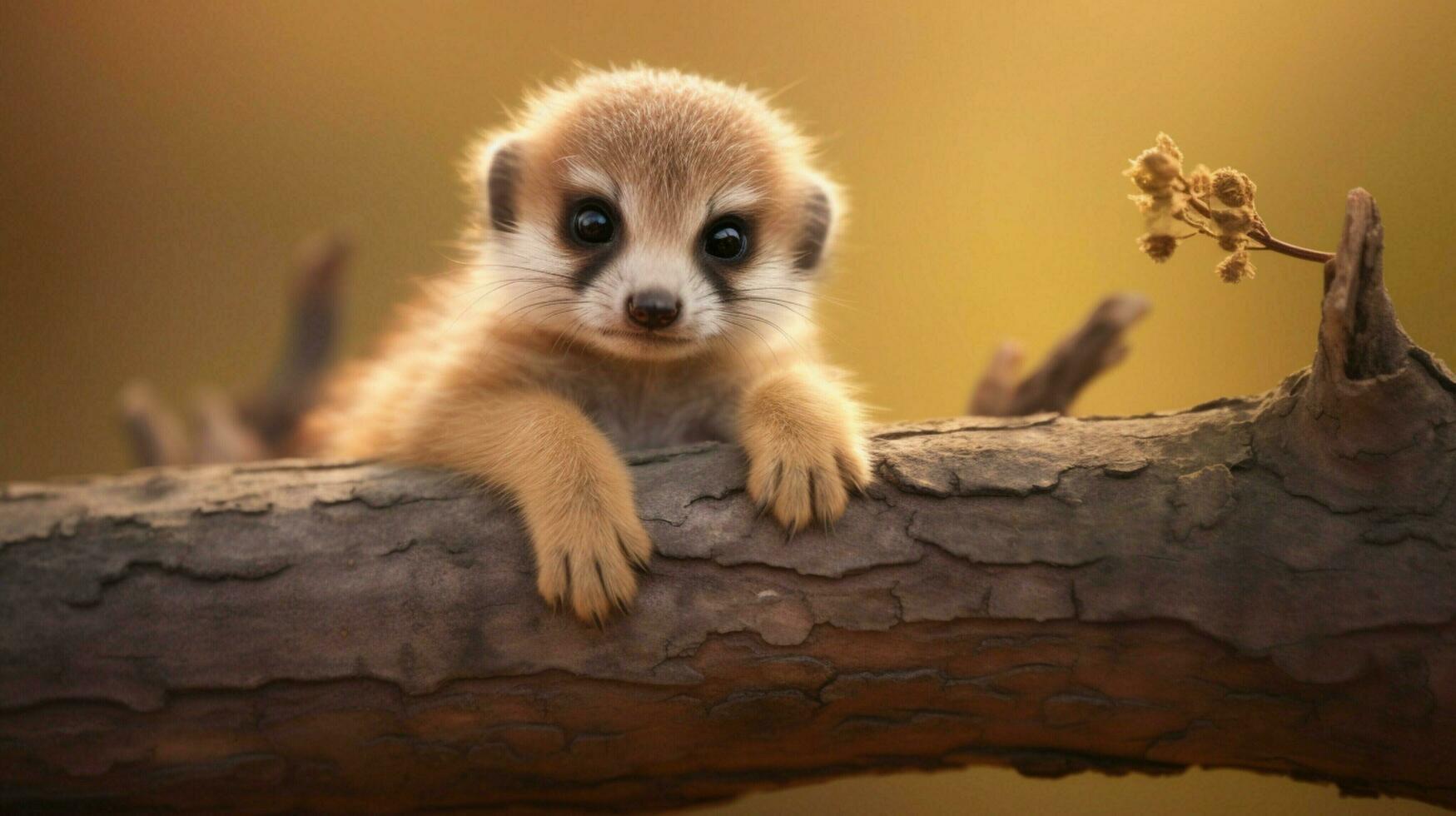 cute mammal sitting on branch looking at green grass photo