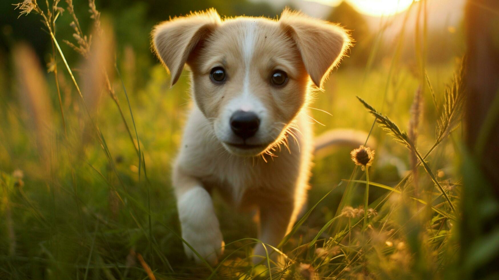cute puppy walking in the grass looking at the camera photo