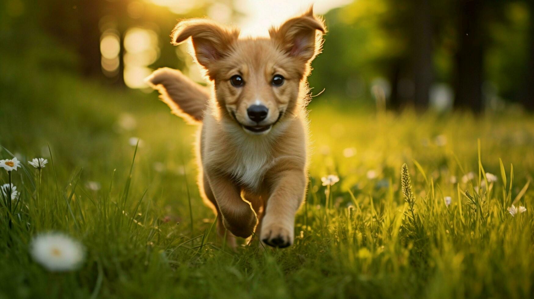 cute puppy walking in the grass looking at the camera photo