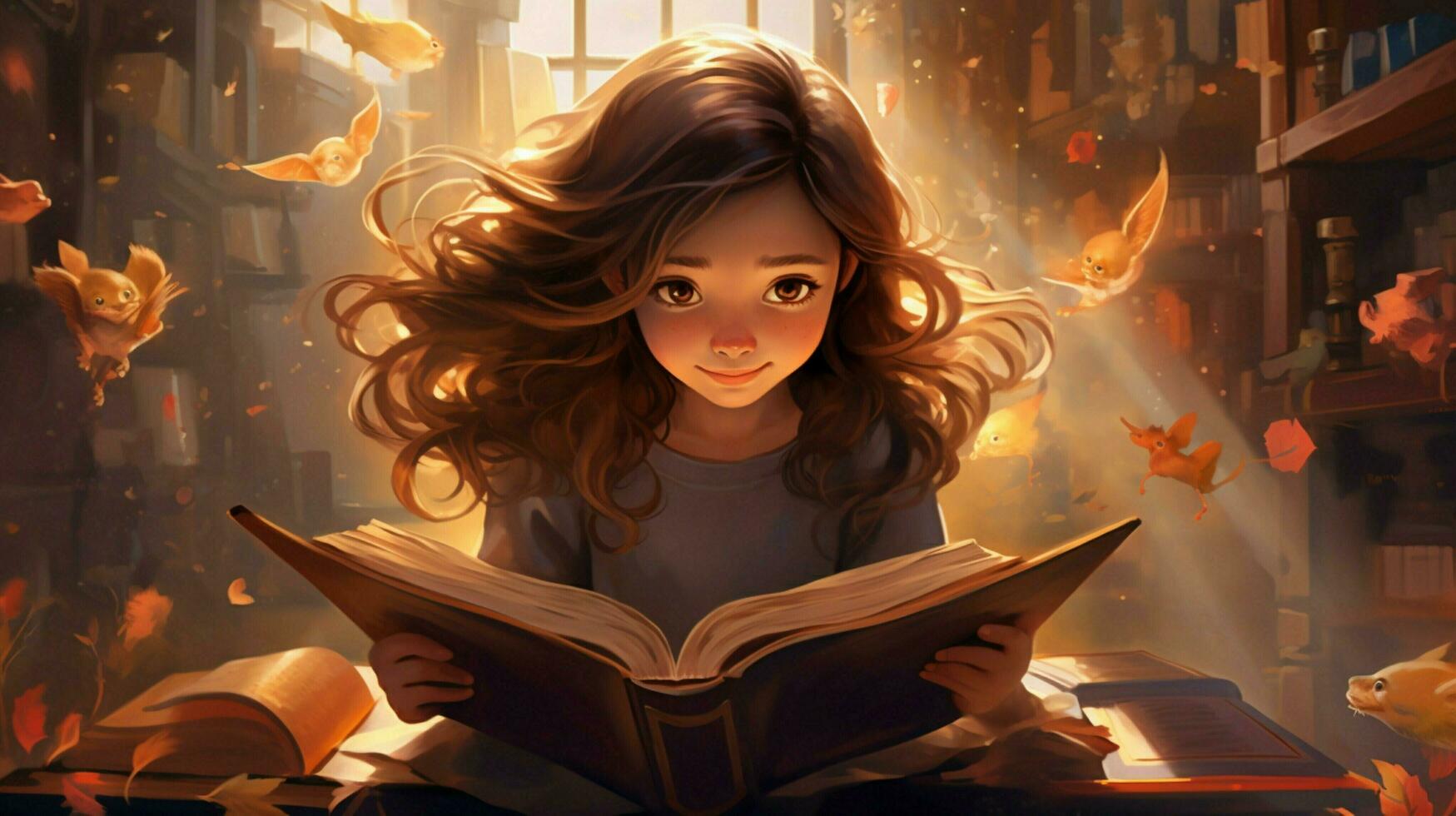 cute schoolgirl reading book surrounded by wisdom photo