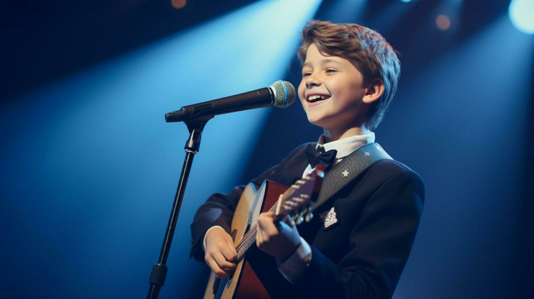 cute schoolboy singer performs on stage with guitar photo