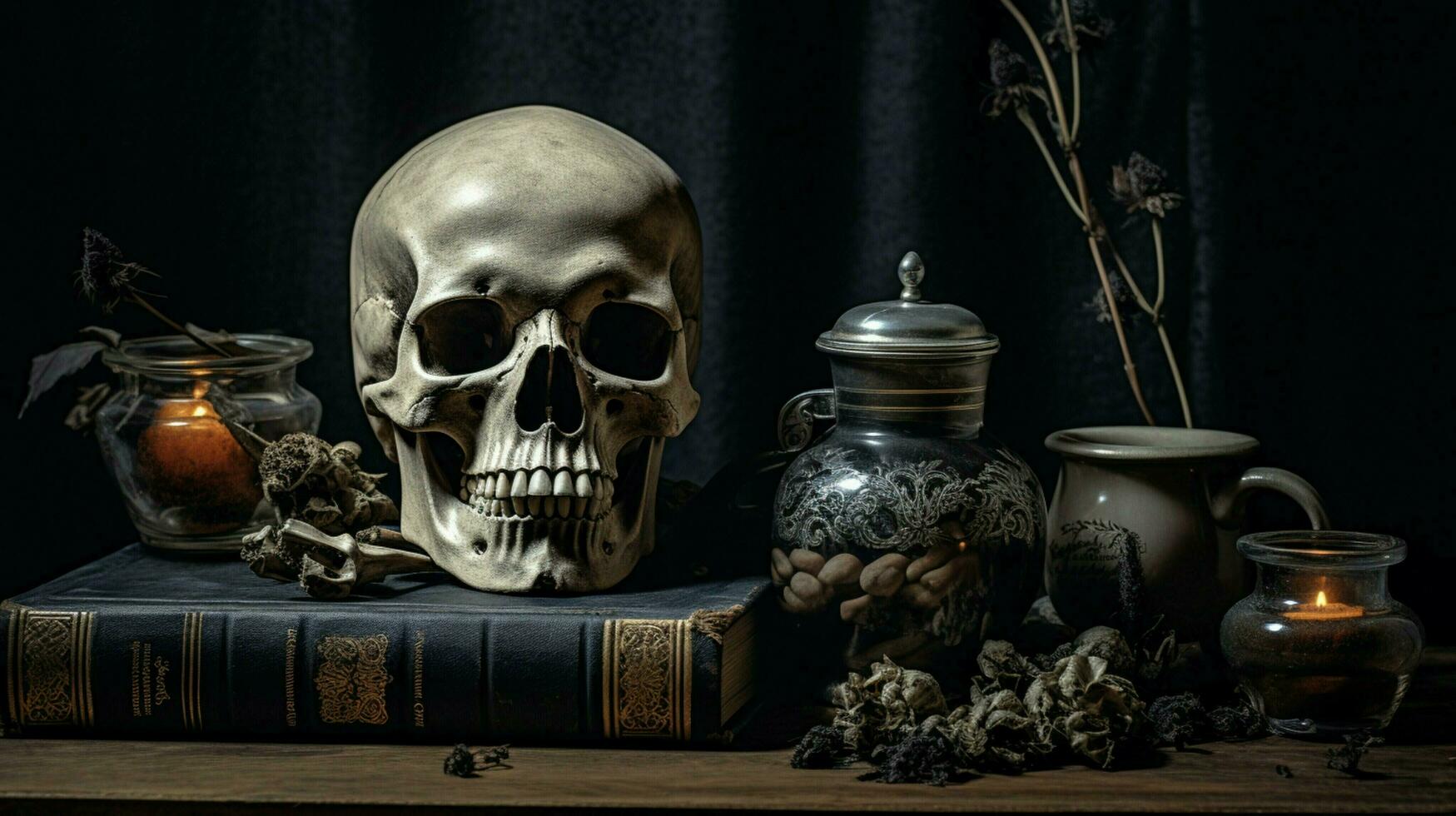 dark background spooky still life of skull photo