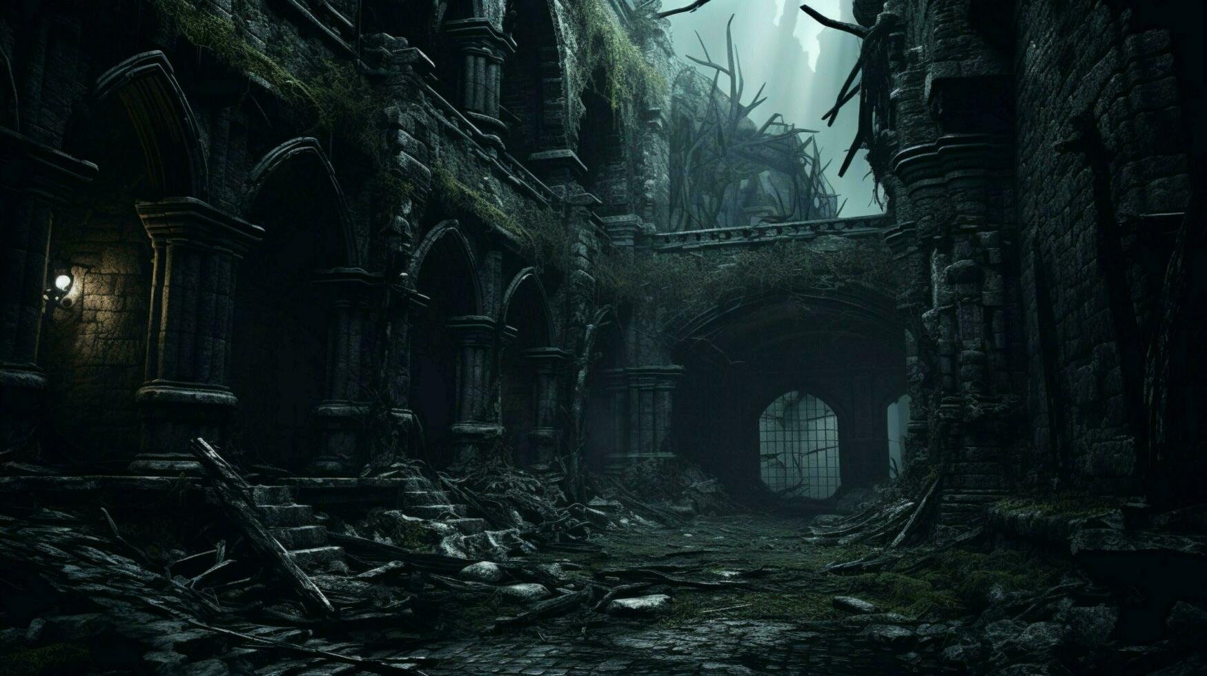 dark spooky old ruin with broken rusty walls and damaged photo