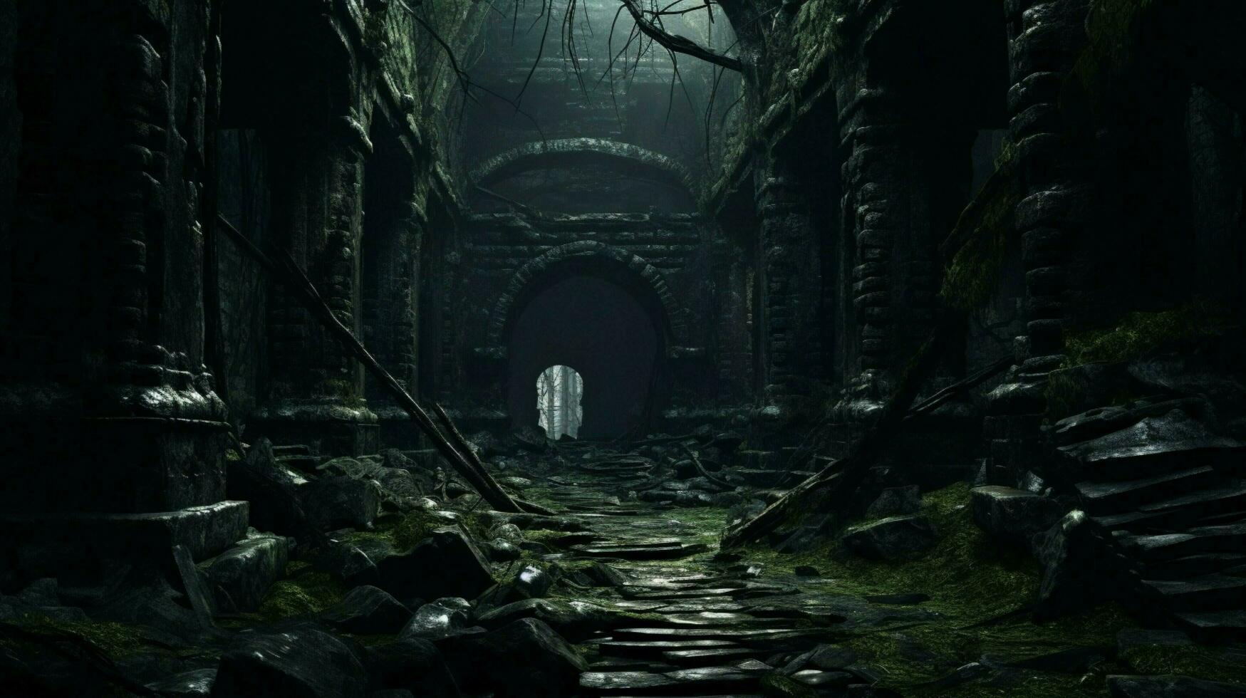 dark spooky old ruin with broken rusty walls and damaged photo