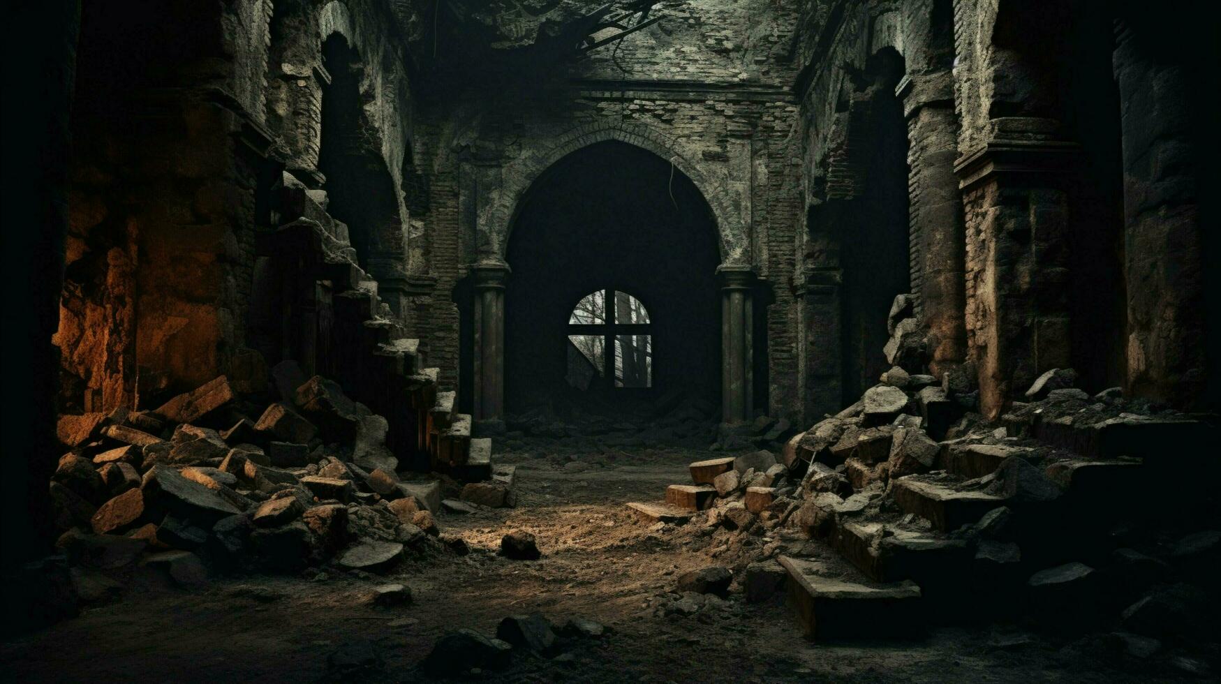dark spooky old ruin with broken rusty walls and damaged photo