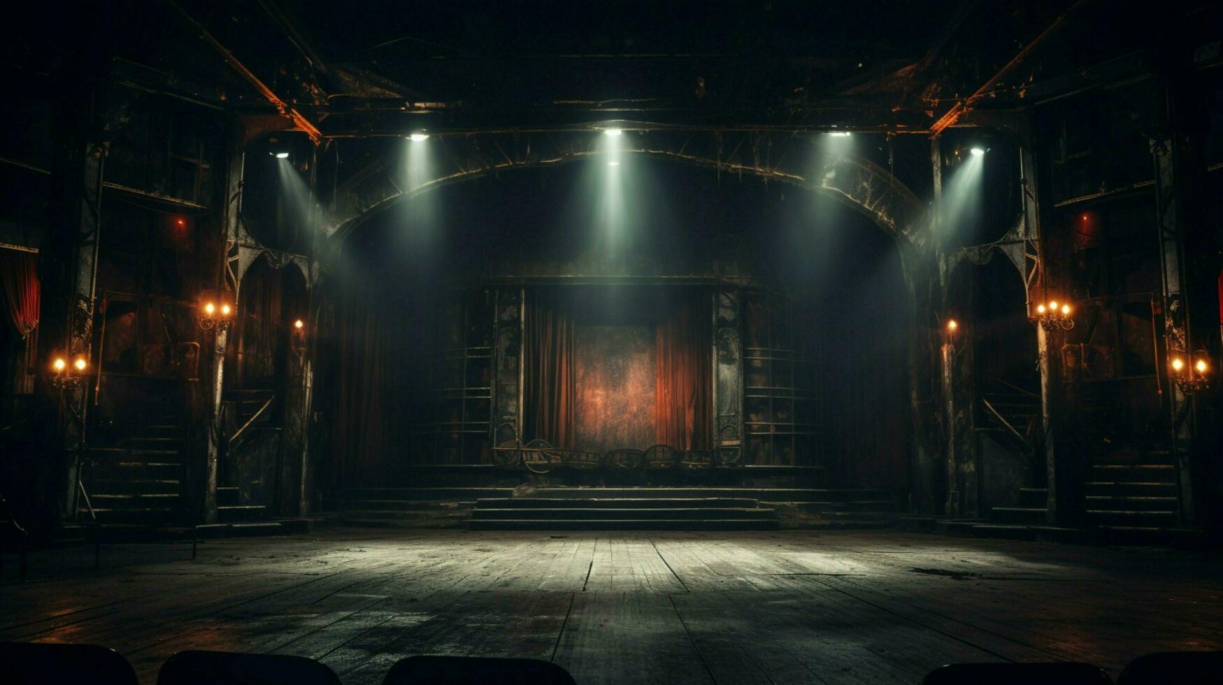 dark stage inside old theater illuminated by equipment photo