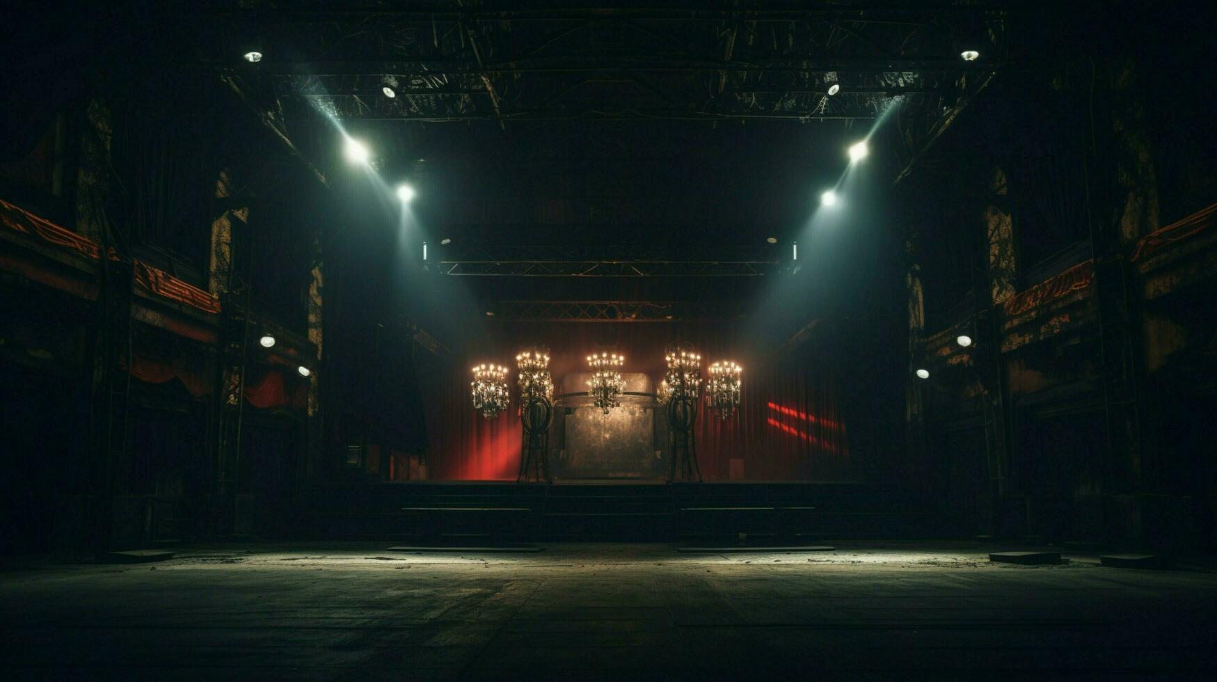 oscuro etapa dentro antiguo teatro iluminado por equipo foto