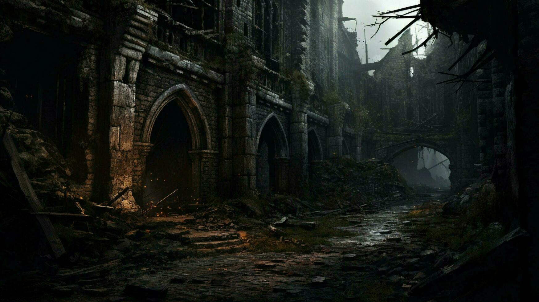 dark spooky old ruin with broken rusty walls and damaged photo