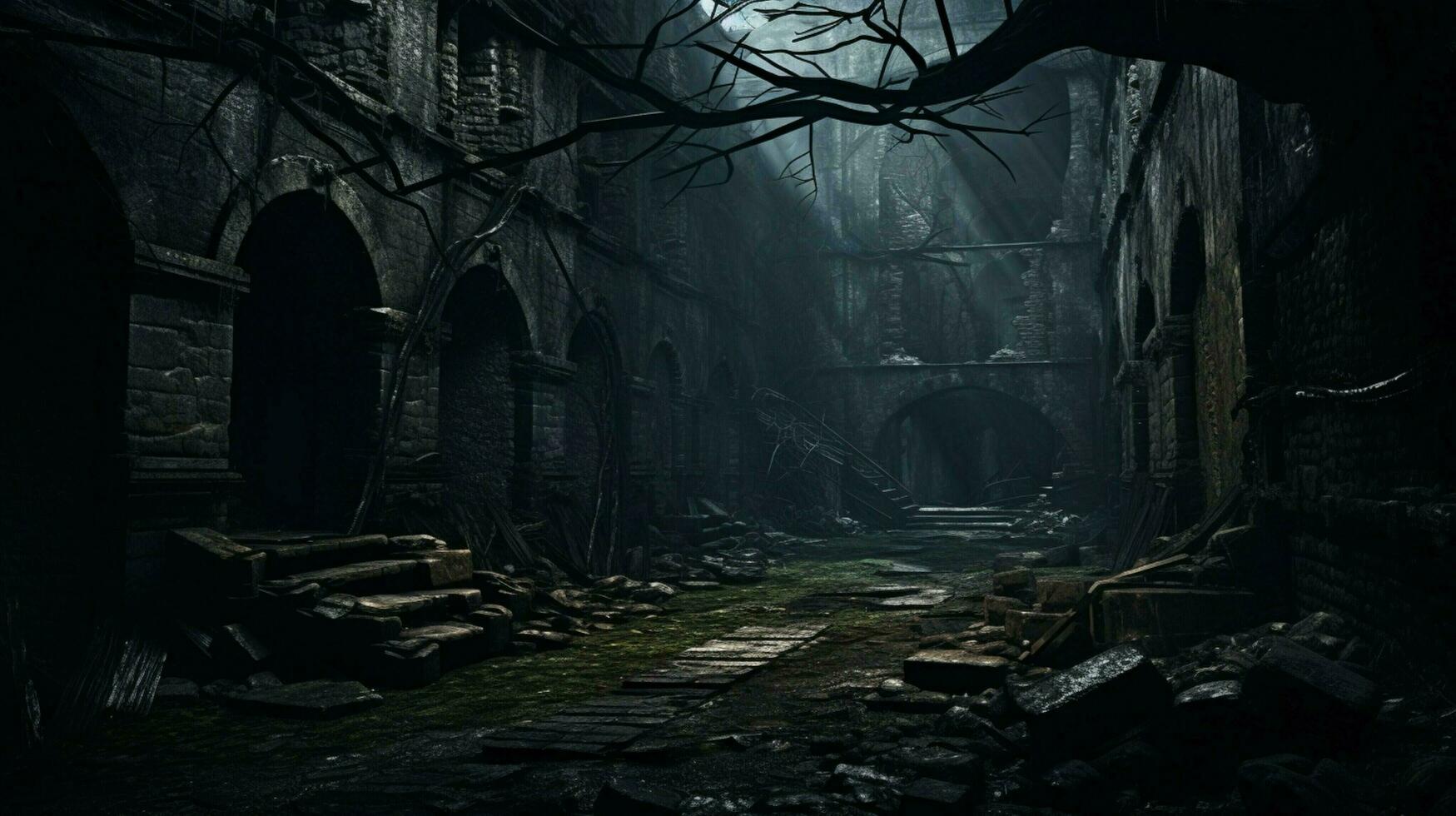 dark spooky old ruin with broken rusty walls and damaged photo