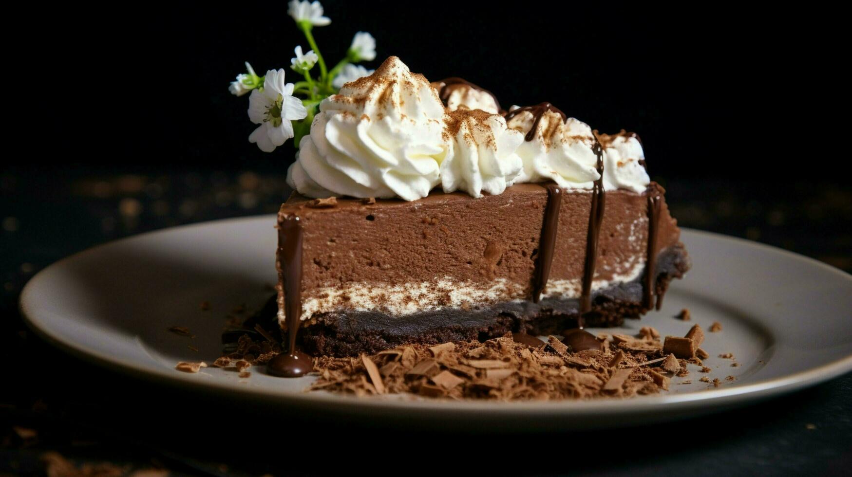 decadent chocolate cheesecake slice on black plate photo