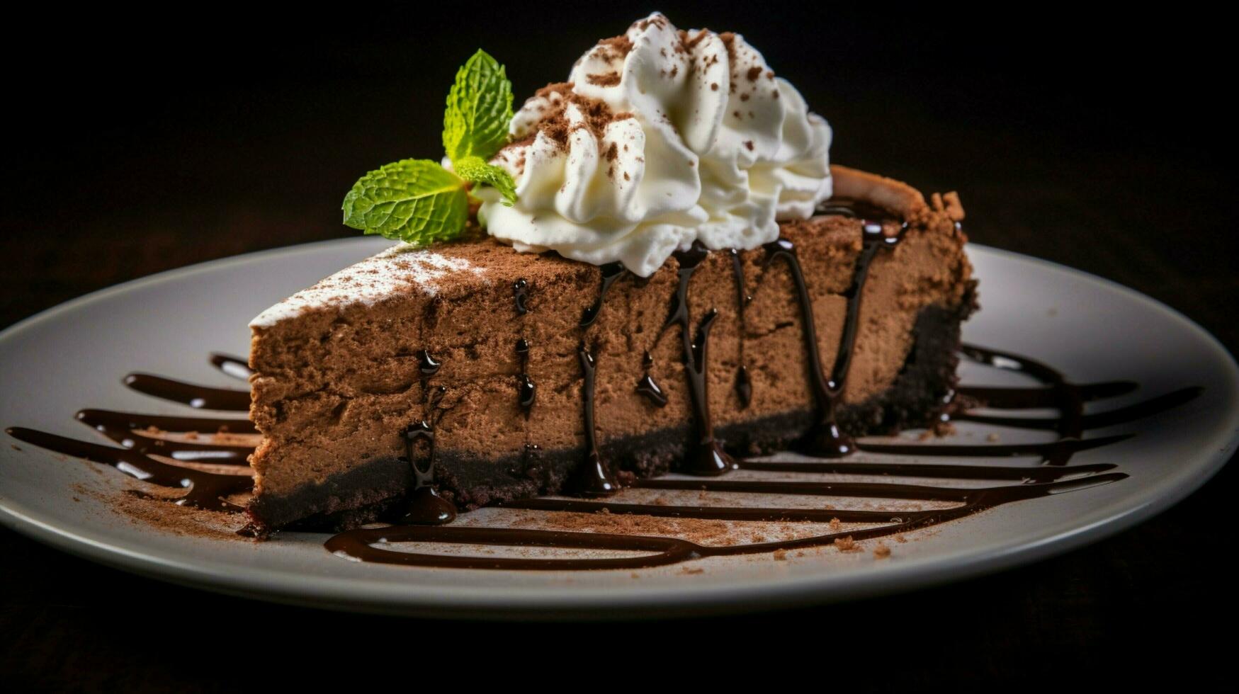 decadent chocolate cheesecake slice on black plate photo