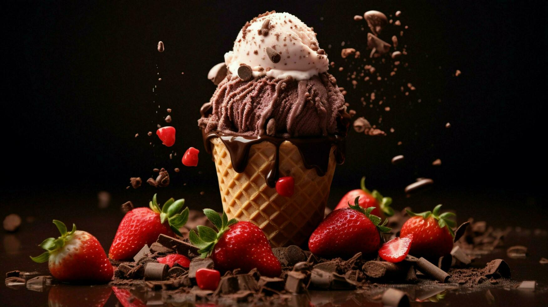 delicious chocolate ice cream cone with strawberry topping photo