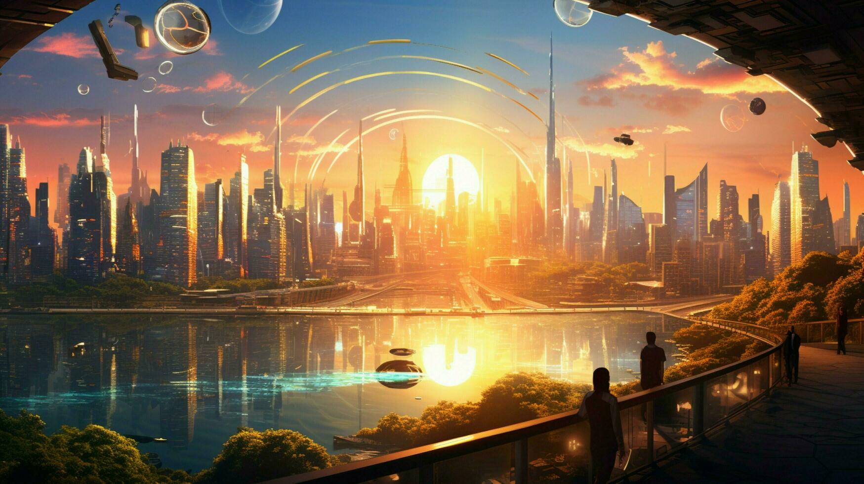 digital city life shines under futuristic sunset photo