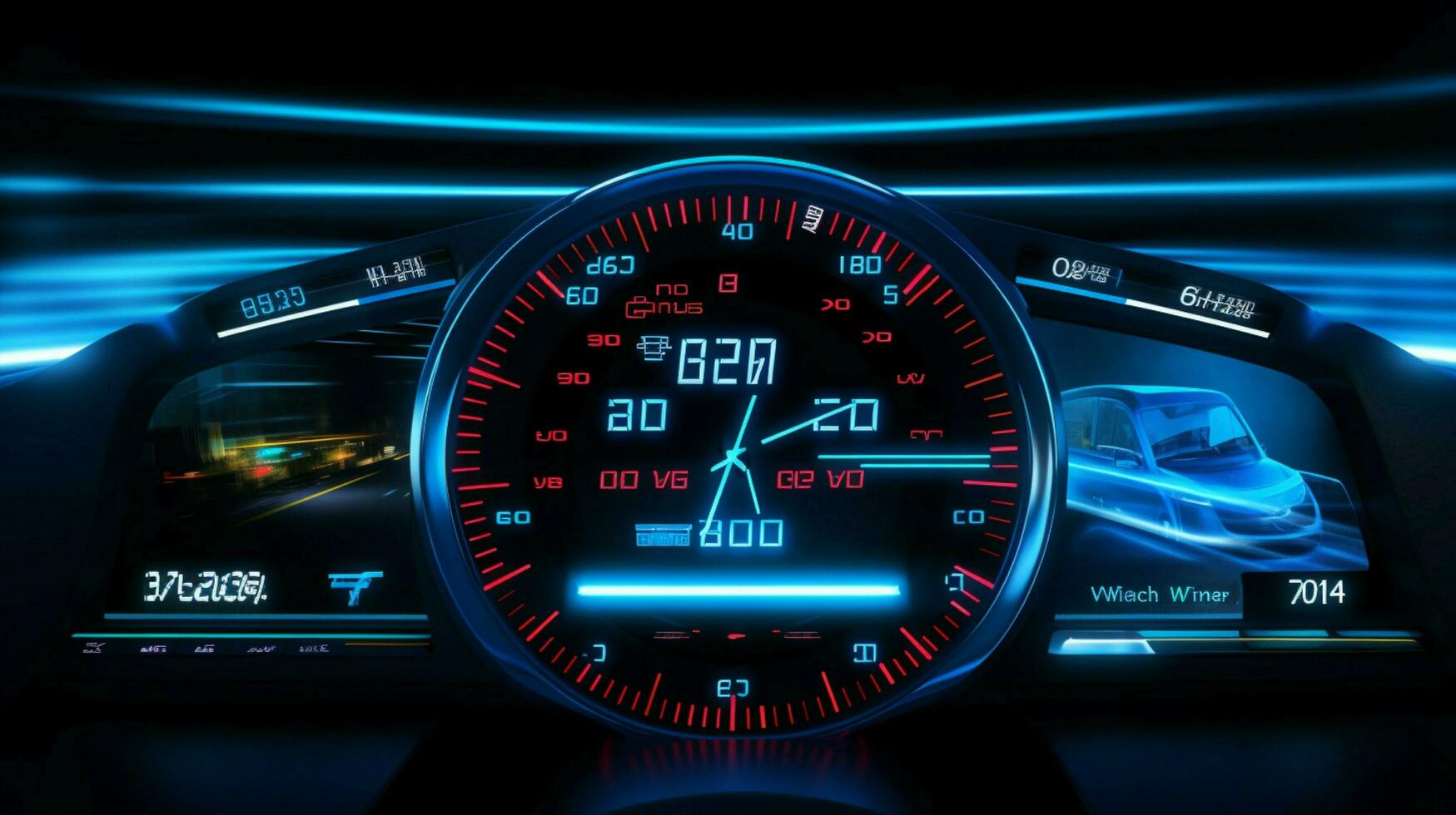 digital speedometer glows on modern car dashboard photo