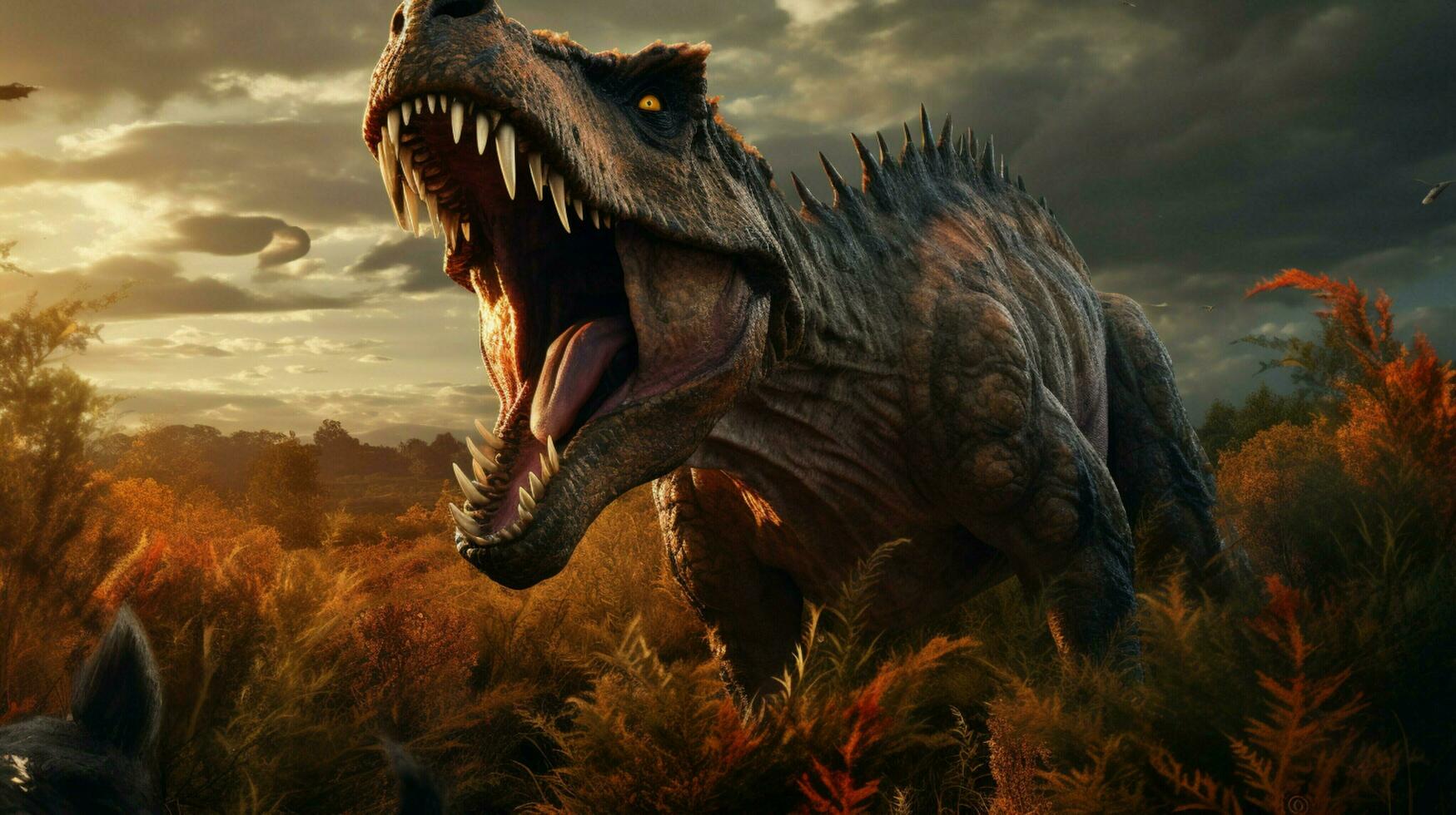dinosaur roars fiercely in the prehistoric landscape photo