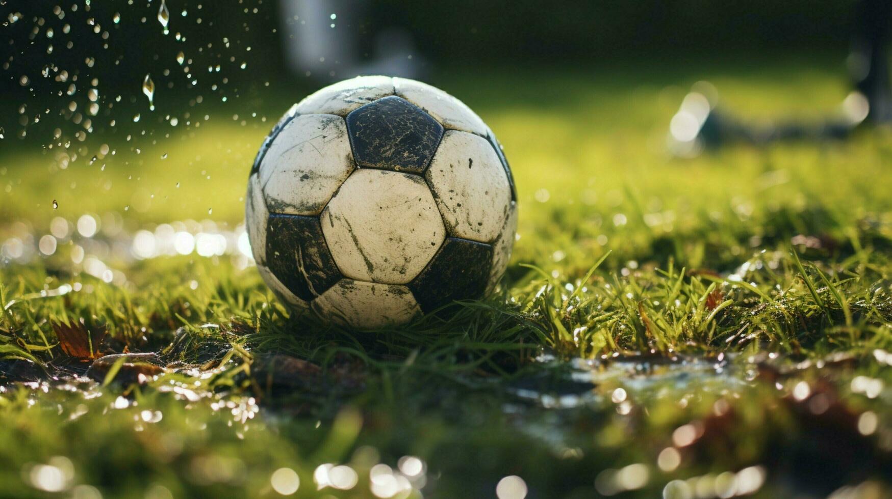 dirty soccer ball on wet grass field photo