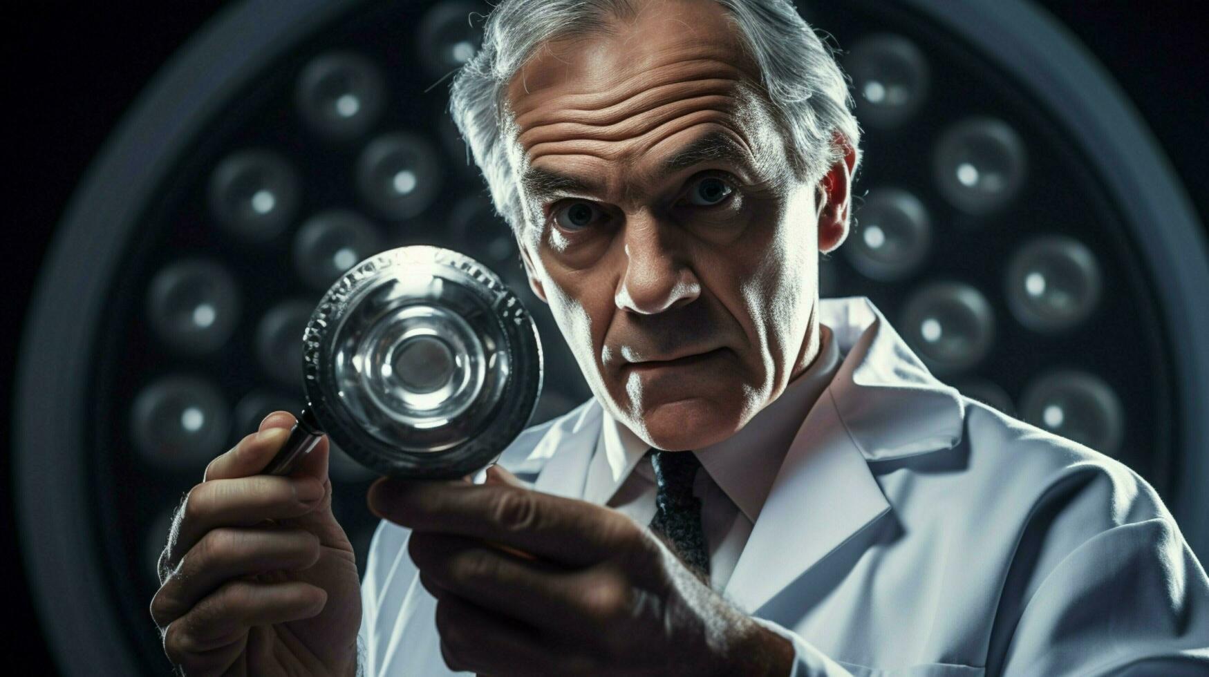 doctor examines with shiny metal diagnostic tool photo