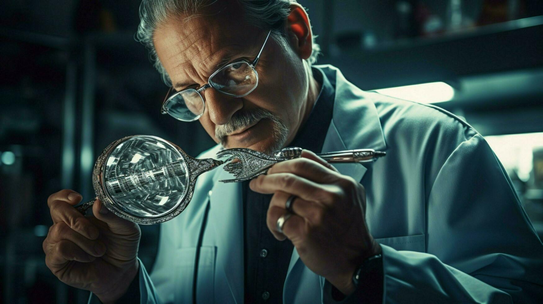 doctor examines with shiny metal diagnostic tool photo