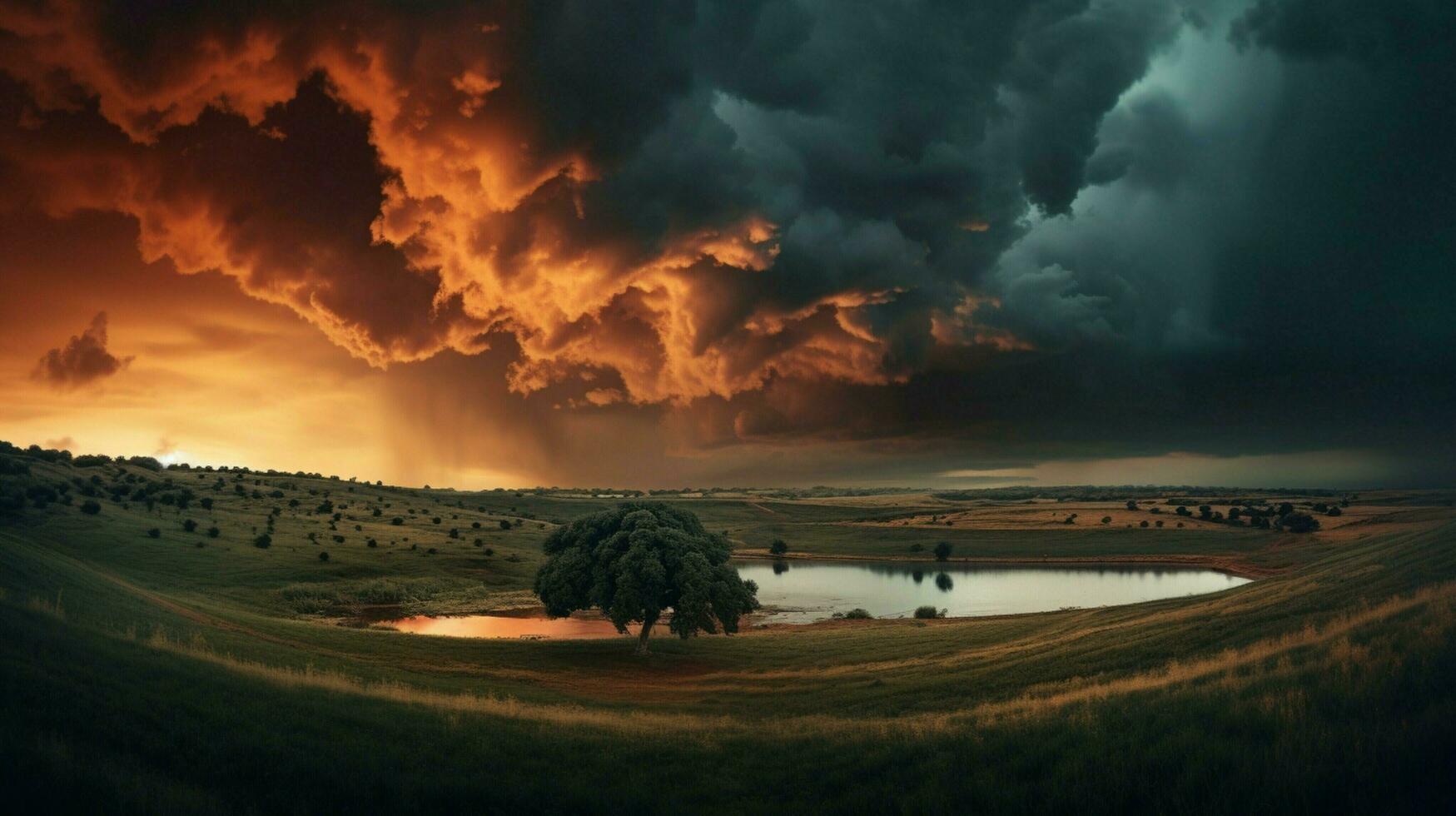dramatic sky over idyllic landscape at dusk photo