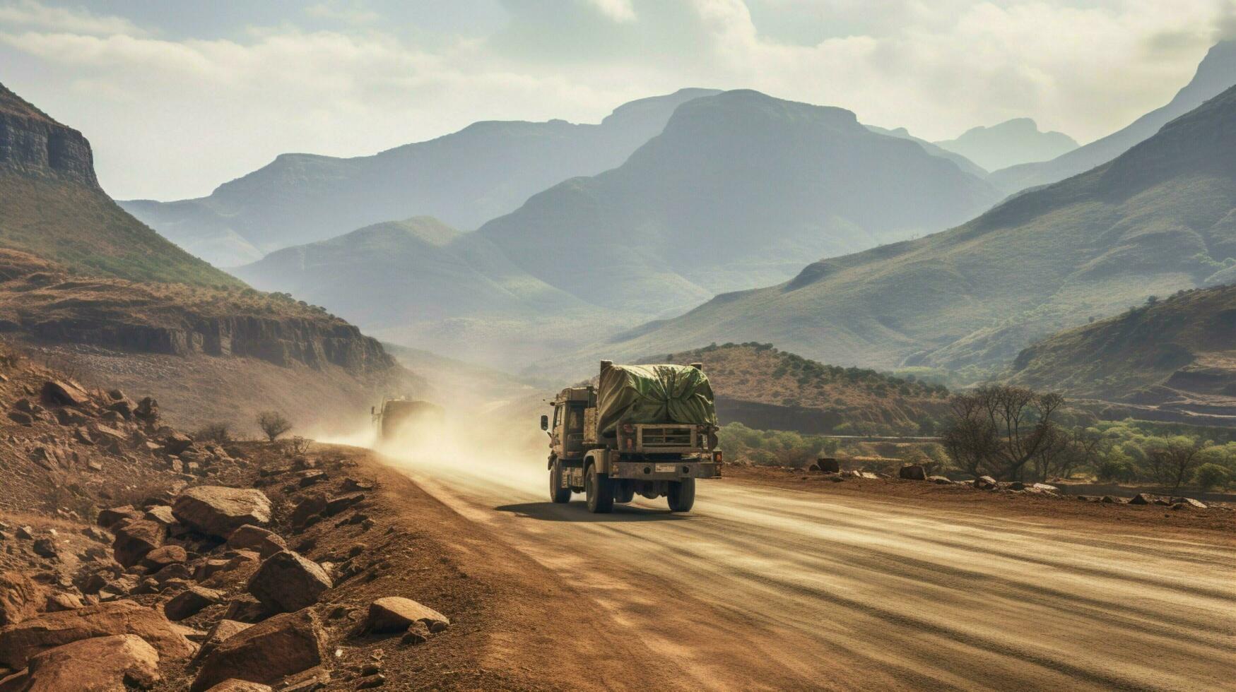 driving off road truck through african mountain range photo