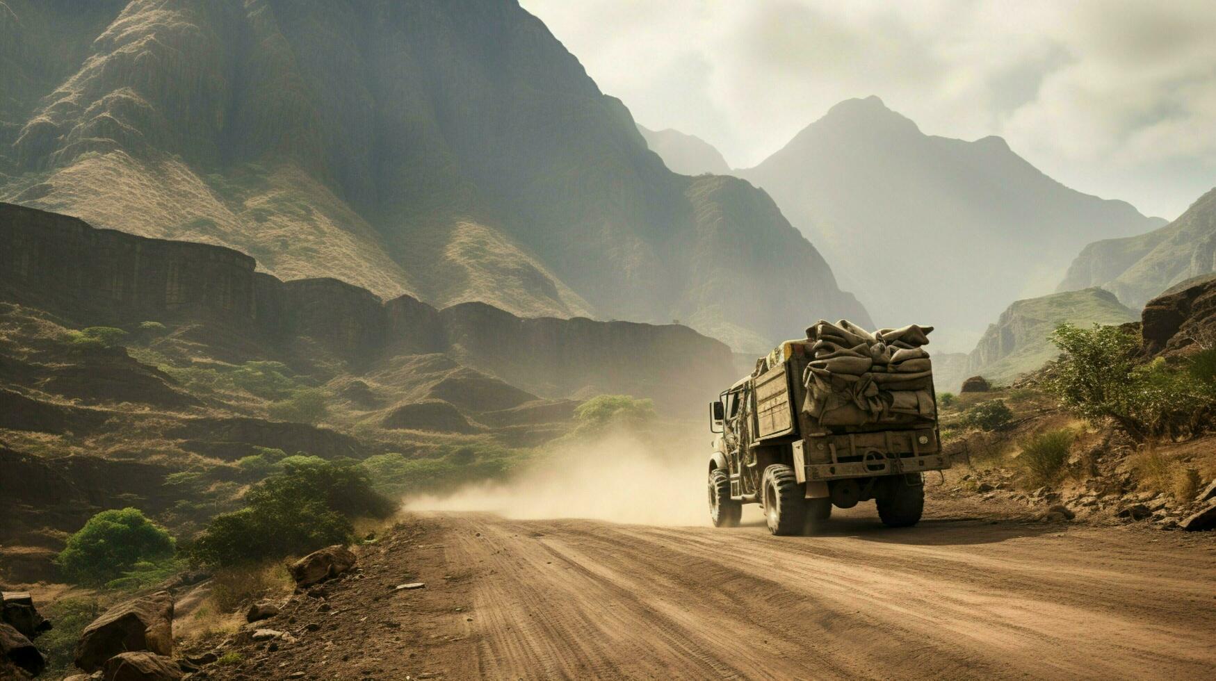 driving off road truck through african mountain range photo