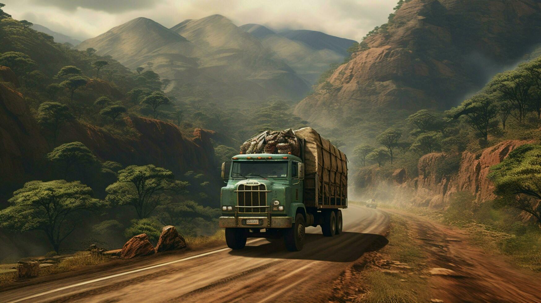 driving off road truck through african mountain range photo