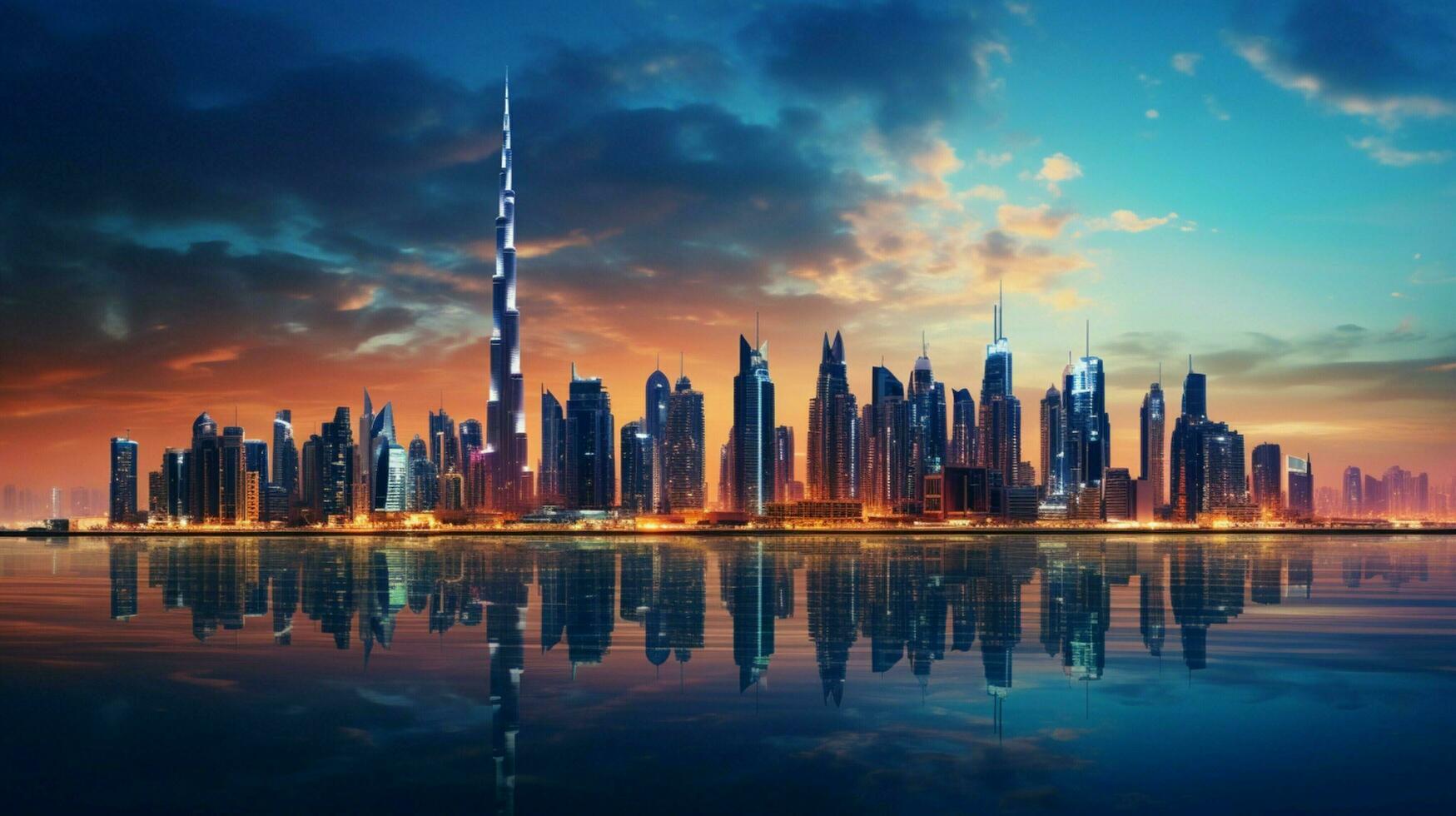 dubai moderno horizonte iluminado a oscuridad foto