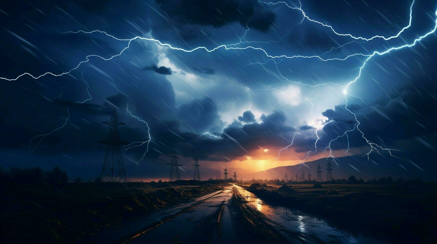 electricity sparks in dramatic sky powering wind turbines photo