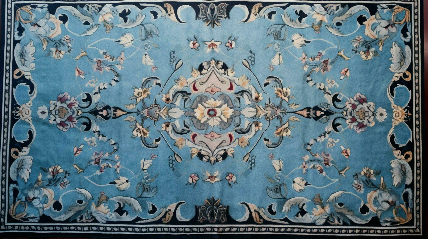 elegant antique rug with ornate blue embroidery photo