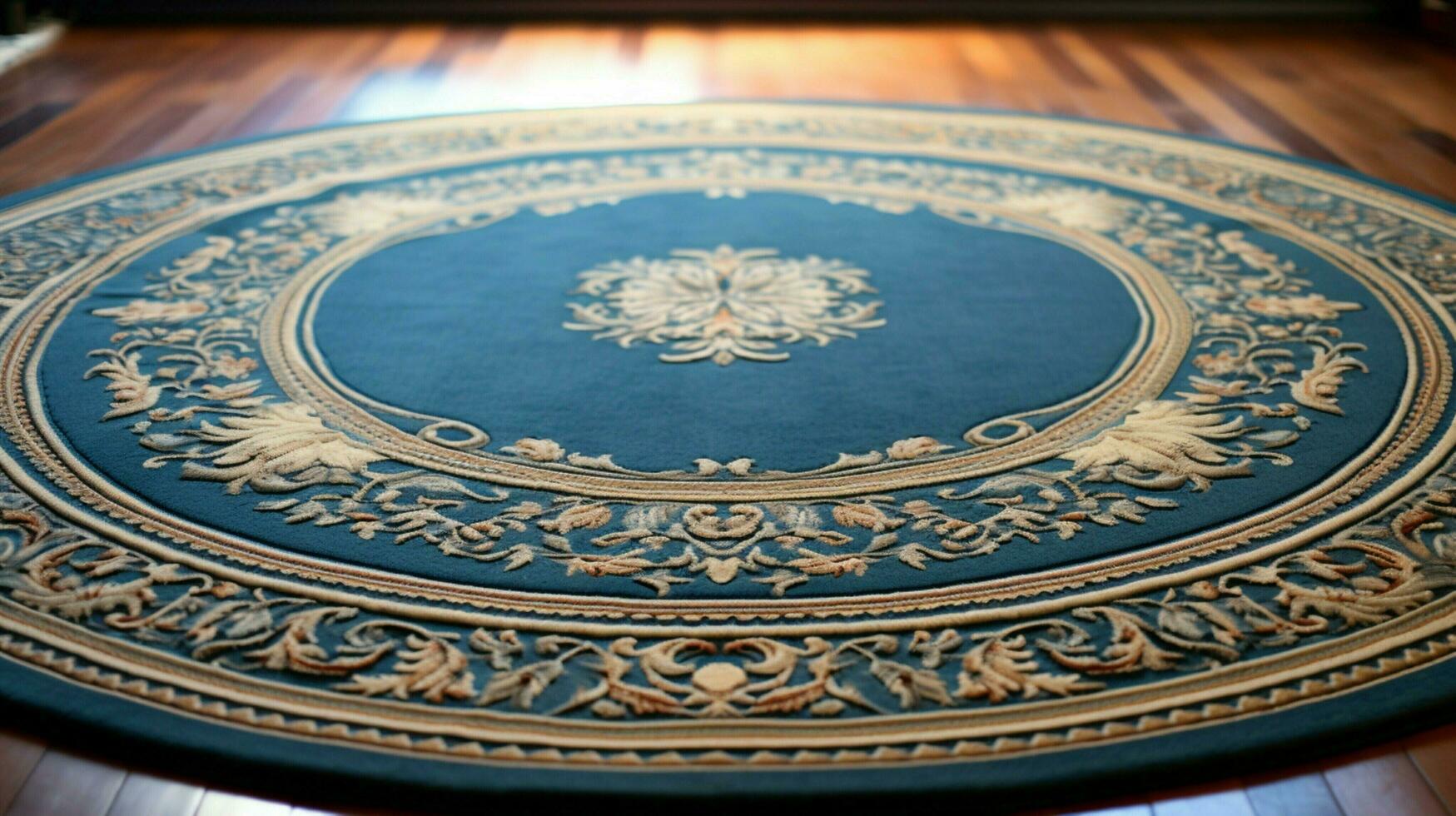 elegant antique rug with ornate blue embroidery photo