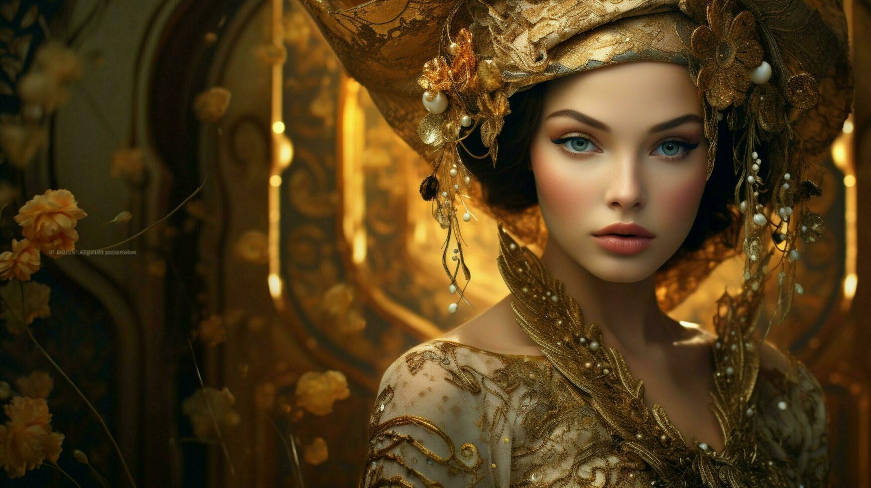 elegant beauty in gold and traditional clothing photo