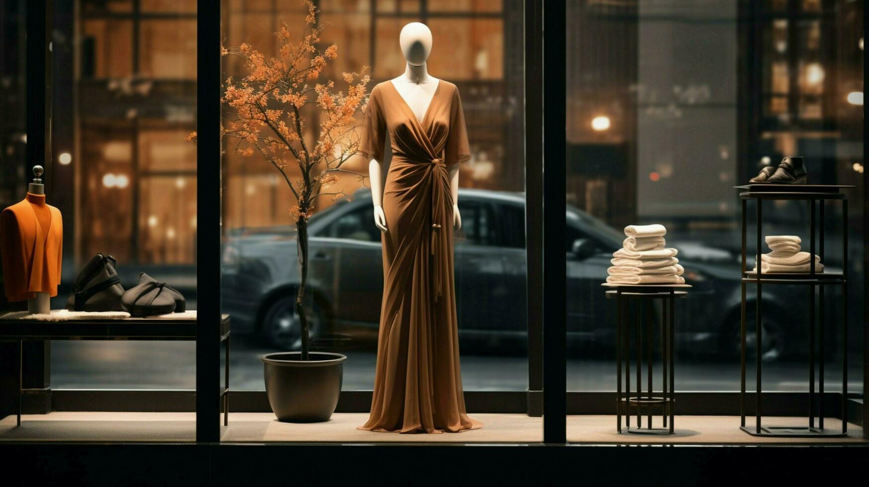 elegante maniquí en pie en moderno boutique ventana foto