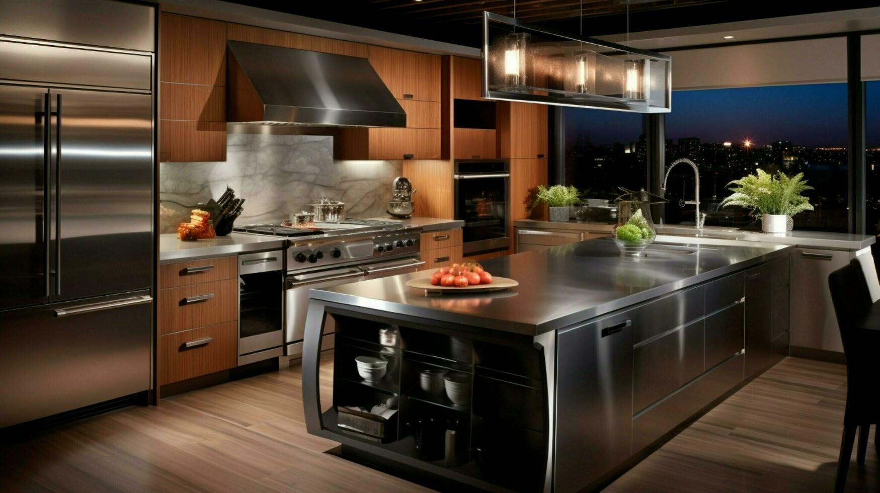 elegant modern kitchen with stainless steel appliances photo