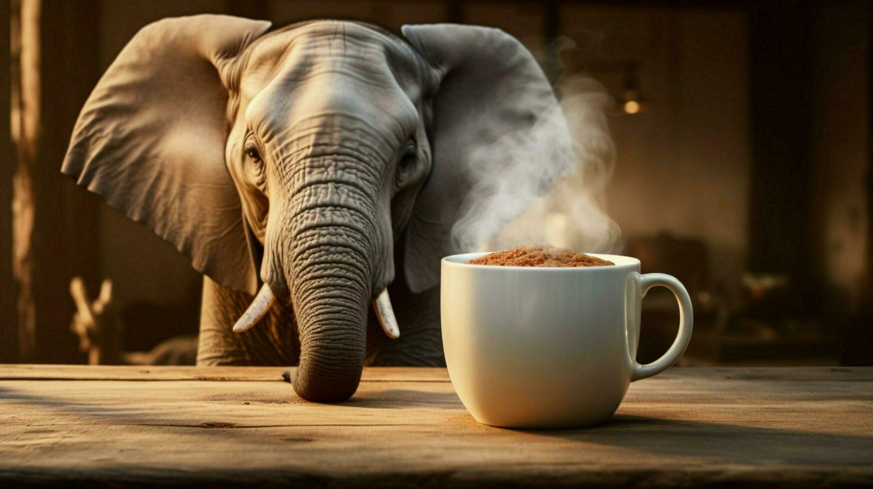 elephant mug sips hot coffee on wooden table photo