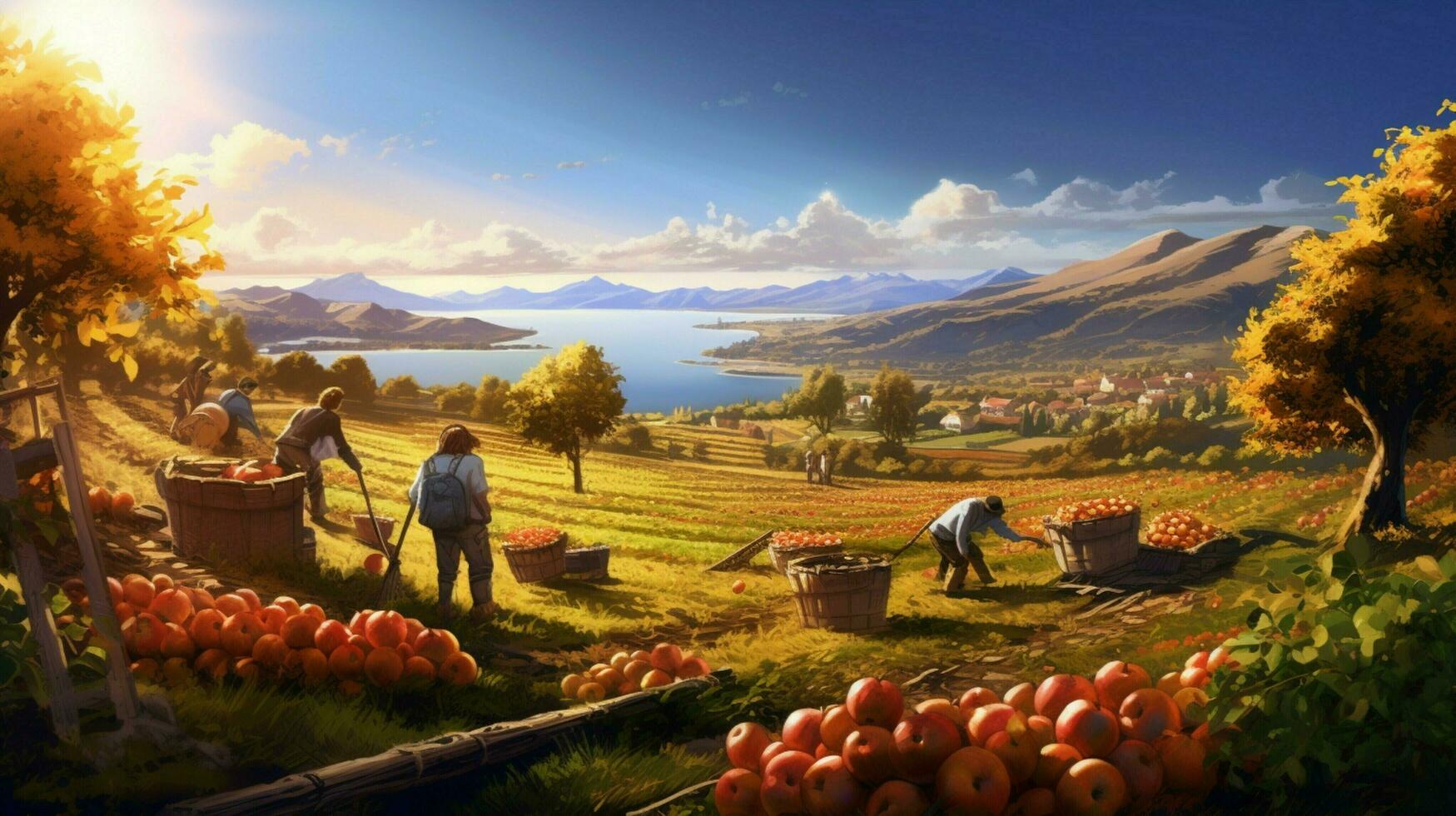 farmers harvesting fresh fruit in the autumn sunlight heat photo