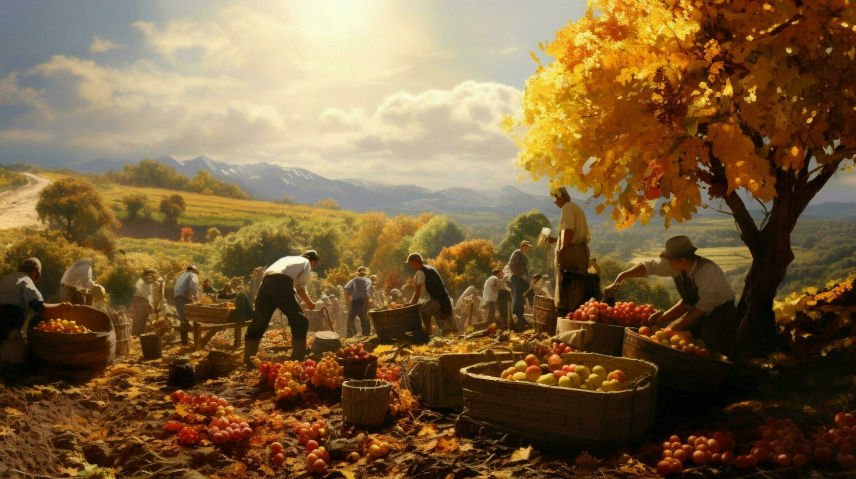 farmers harvesting fresh fruit in the autumn sunlight heat photo