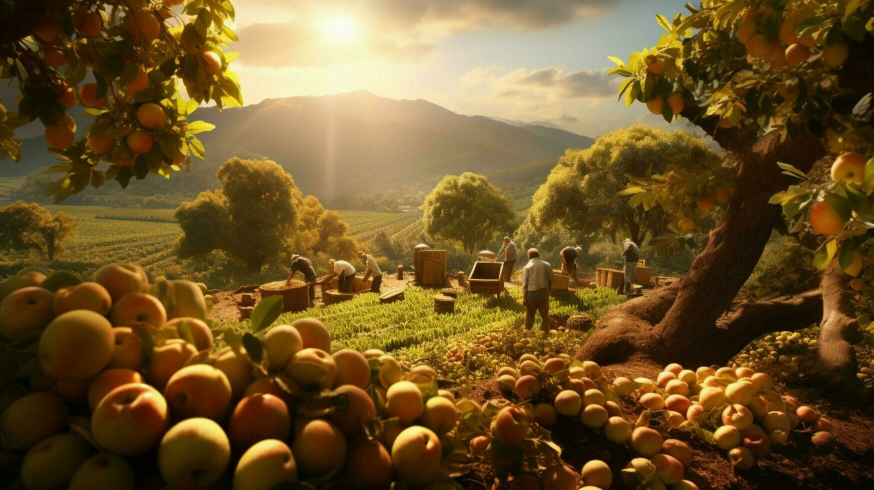 farmers harvesting fresh fruit in the autumn sunlight heat photo